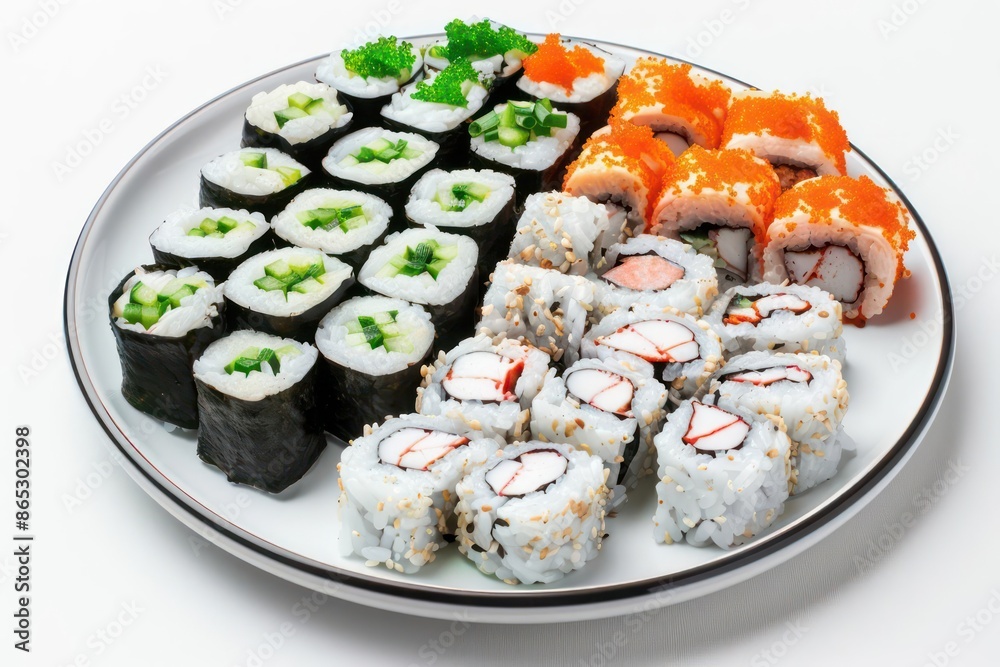 A plate of sushi rolls, meticulously arranged by a food stylist, isolated with room for text on a clean background A plate of sushi rolls, meticulously arranged by a food stylist, isolated with room for text on a clean background