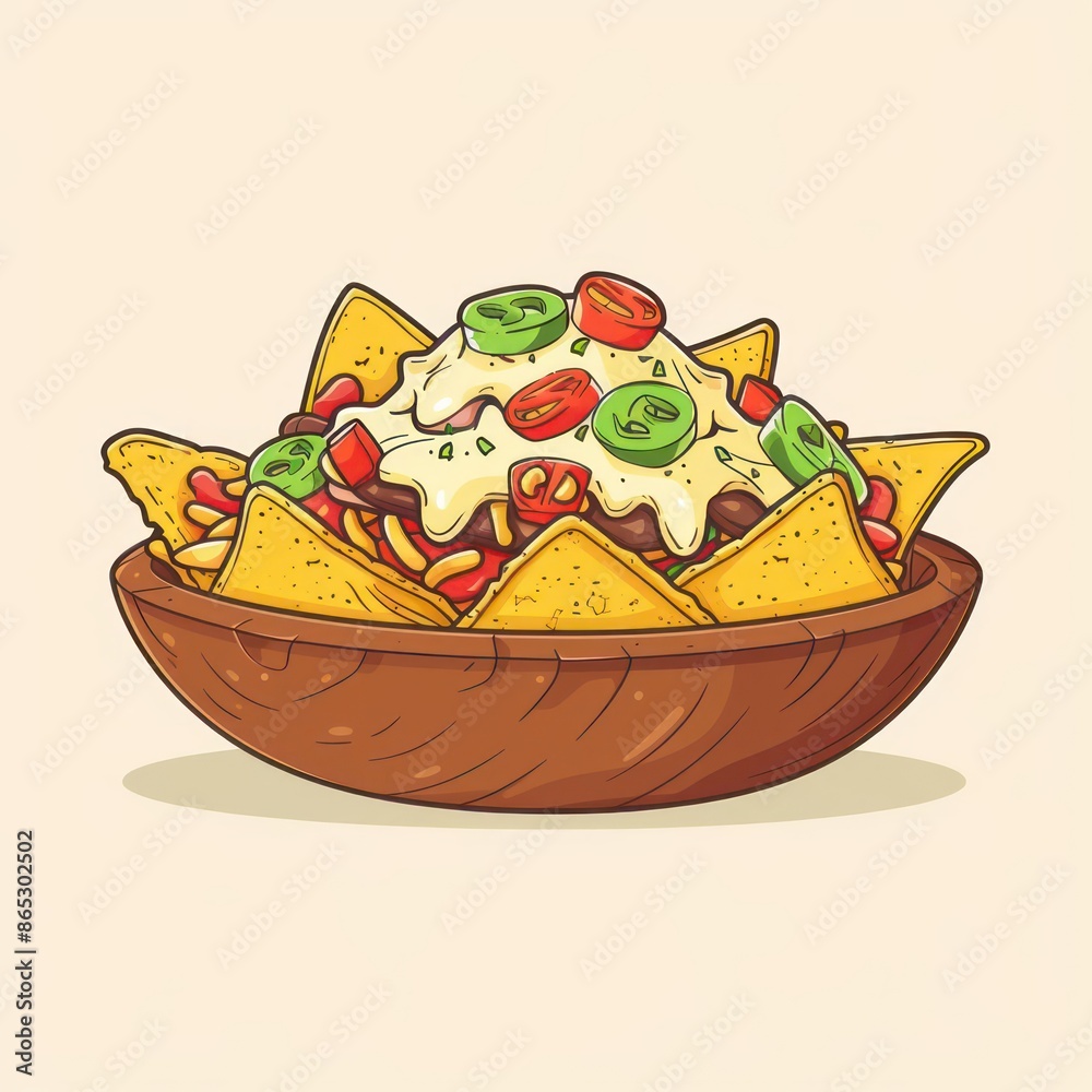 A platter of nachos with melted cheese and toppings, styled for a festive banner with room for text