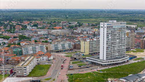 Aerial drone photo of the beach, boulevard and restaurants in the coastal town named Zandvoort in the Netherlands. 