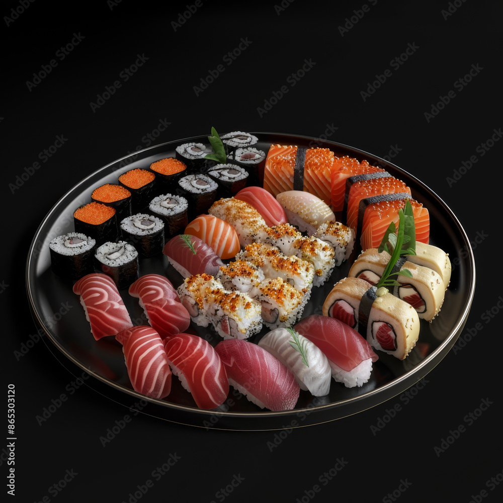 An assortment of sushi varieties displayed on a black plate, rendered in 3D. The dish includes different types of sushi rolls, sashimi, and nigiri, showcasing a colorful and appetizing presentation. An assortment of sushi varieties displayed on a black plate, rendered in 3D. The dish includes different types of sushi rolls, sashimi, and nigiri, showcasing a colorful and appetizing presentation.