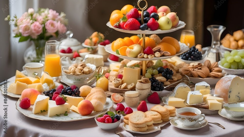 A beautiful display, a cheese dish, a variety of pastries and fruits, delectable snacks, and an afternoon tea table layout A beautiful display, a cheese dish, a variety of pastries and fruits, delectable snacks, and an afternoon tea table layout