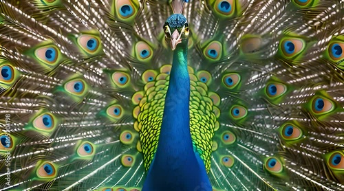 A photo detailed and captivating portrait of a regal peacock displaying its magnificent plumage