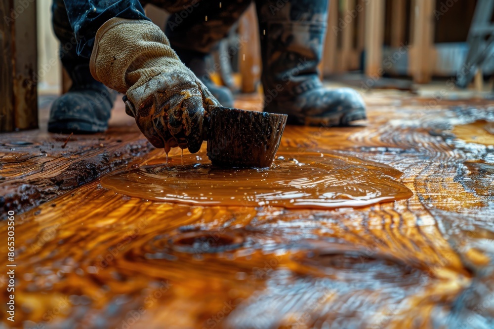 This image captures a highly detailed close-up of a craftsman meticulously applying varnish to a wooden floor, highlighting the skill, dedication, and artistry involved in woodworking and home improv This image captures a highly detailed close-up of a craftsman meticulously applying varnish to a wooden floor, highlighting the skill, dedication, and artistry involved in woodworking and home improv