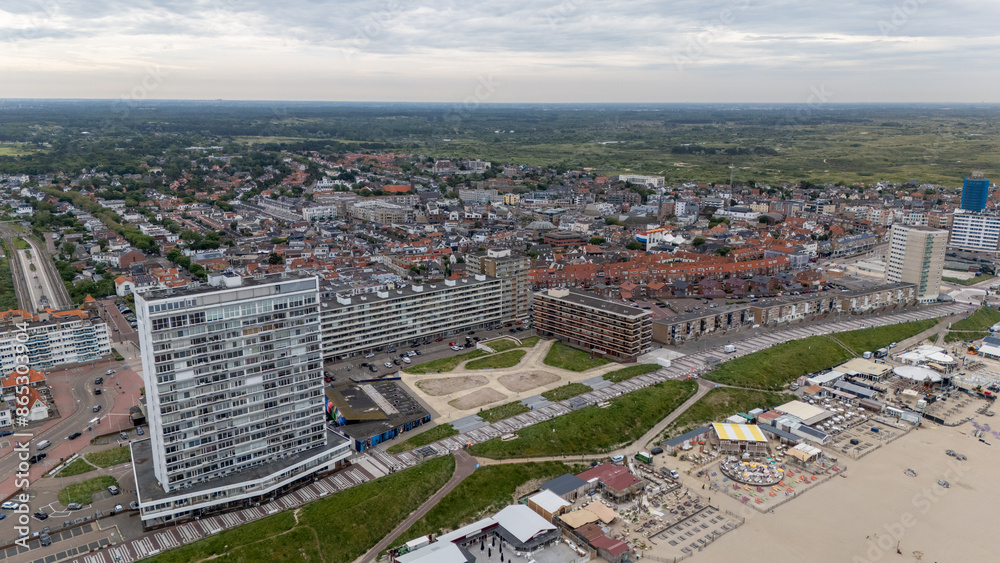 Fototapeta premium Aerial drone photo of the beach, boulevard and restaurants in the coastal town named Zandvoort in the Netherlands. 