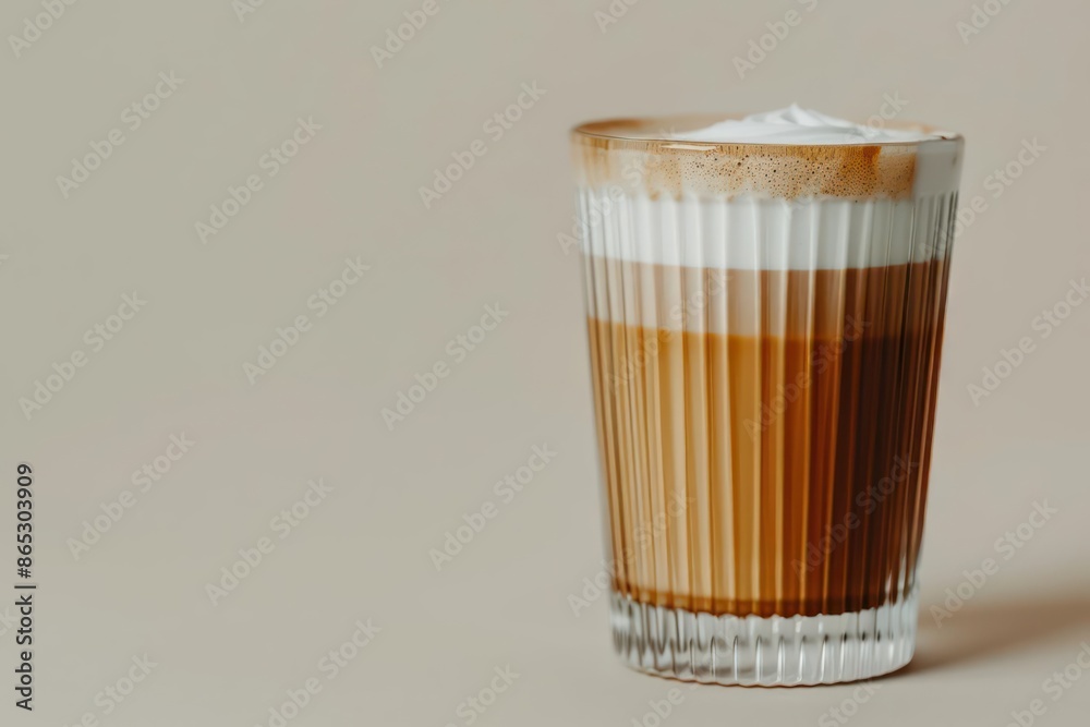 A stylishly presented macchiato with a touch of foam, isolated with room for text on a clean background A stylishly presented macchiato with a touch of foam, isolated with room for text on a clean background