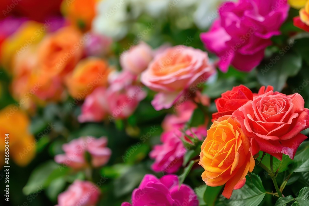 A vibrant flower garden featuring blooming roses in various colors, perfect for a banner with ample copy space A vibrant flower garden featuring blooming roses in various colors, perfect for a banner with ample copy space