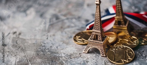 sports medals next to the Eiffel Tower figurine, light minimalistic background photo