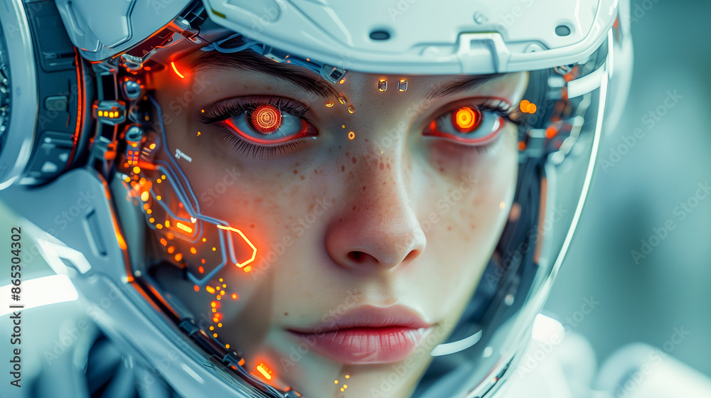 A close-up portrait of a cyborg woman, her eyes glowing with orange light, looking intently through her visor A close-up portrait of a cyborg woman, her eyes glowing with orange light, looking intently through her visor