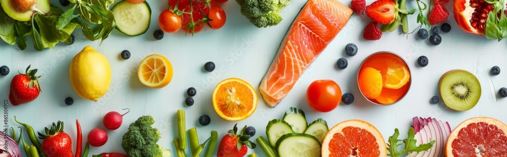 Healthy Food Ingredients on Light Blue Background Healthy Food Ingredients on Light Blue Background