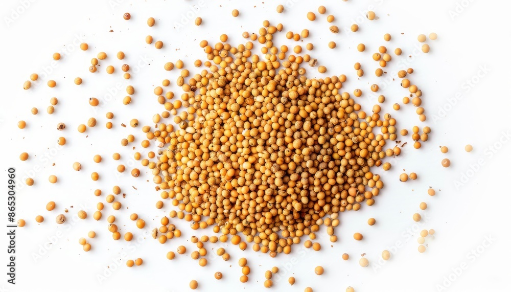 Isolated yellow mustard seeds on white background from above Isolated yellow mustard seeds on white background from above