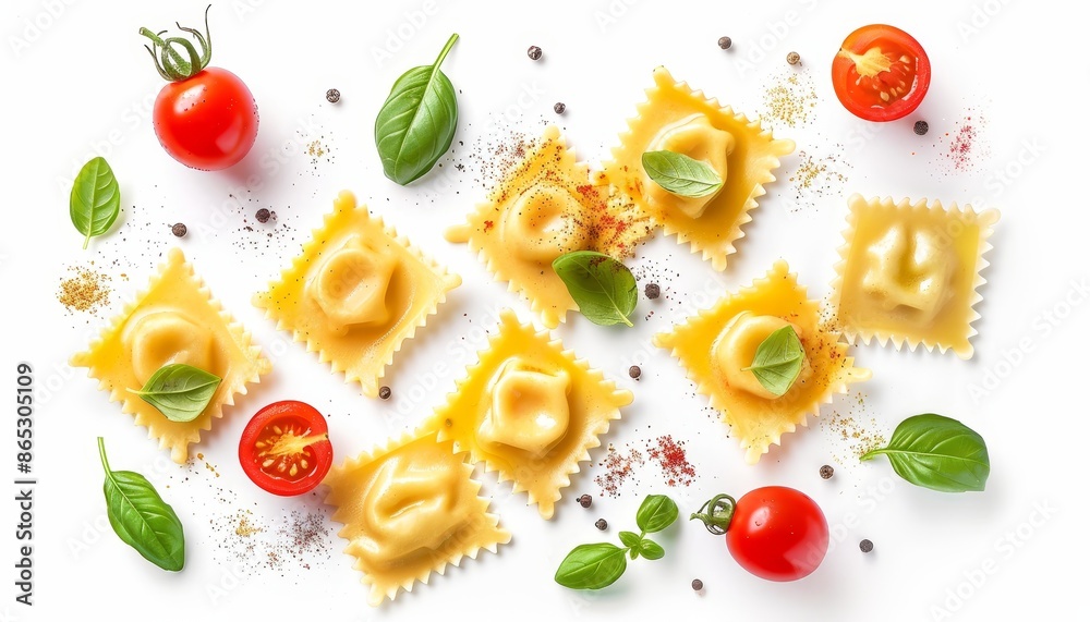 Italian or Mediterranean cuisine featuring pasta ravioli with tomato sauce and basil Italian or Mediterranean cuisine featuring pasta ravioli with tomato sauce and basil