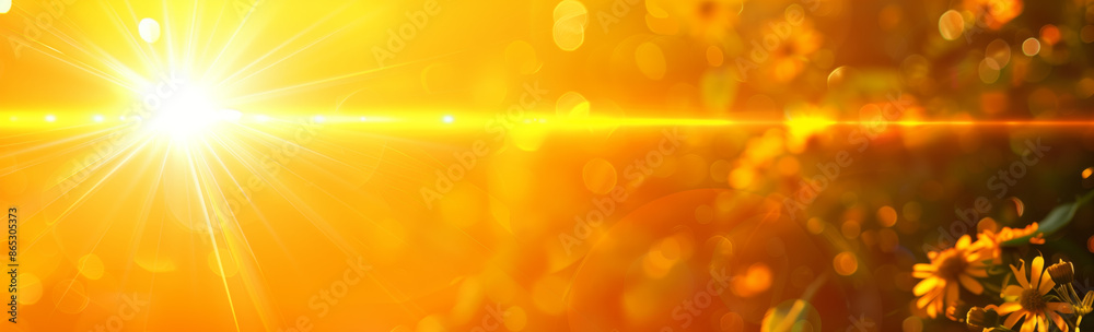 Obraz premium Bright yellow sun with rays and lens flare on orange background, banner design. In the style of sunlight, summer time concept. Abstract summer light banner, copy space for text.