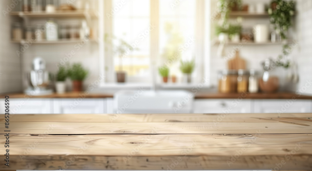 A wooden countertop with a blurred background of white kitchen cabinets and a window with natural light. The countertop is perfect for displaying food, drinks, or other items. A wooden countertop with a blurred background of white kitchen cabinets and a window with natural light. The countertop is perfect for displaying food, drinks, or other items.