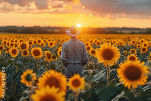 A picturesque shot of a farmer standing in a vast sunflower field, gazing at the beautiful sunset, surrounded by blooming sunflowers bathed in warm sunlight. photo