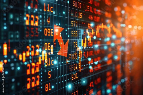 Dynamic stock market trader screen displaying market data with financial graphs, numbers, and fluctuating arrows.