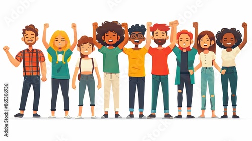 Group of volunteers. Kind characters stand together, hug and wave their hands. Charity and donations. People help those in need. Cartoon flat vector illustration isolated on white background photo