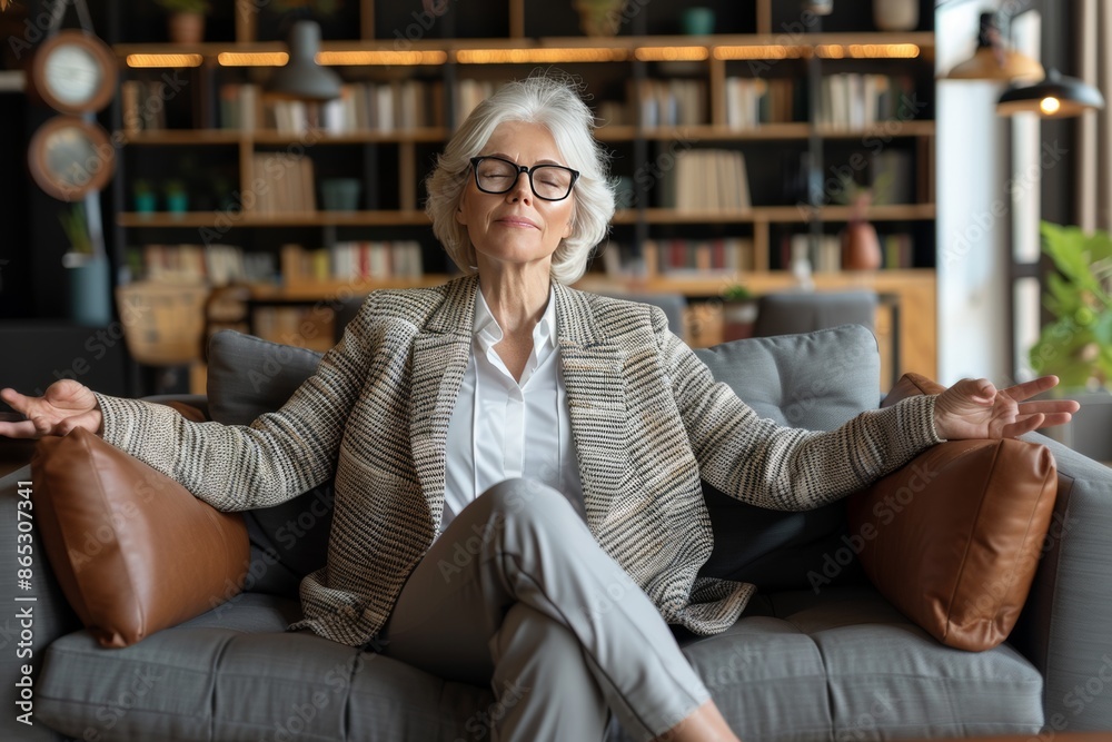 Senior Woman Meditating on Couch in Home Office Senior Woman Meditating on Couch in Home Office