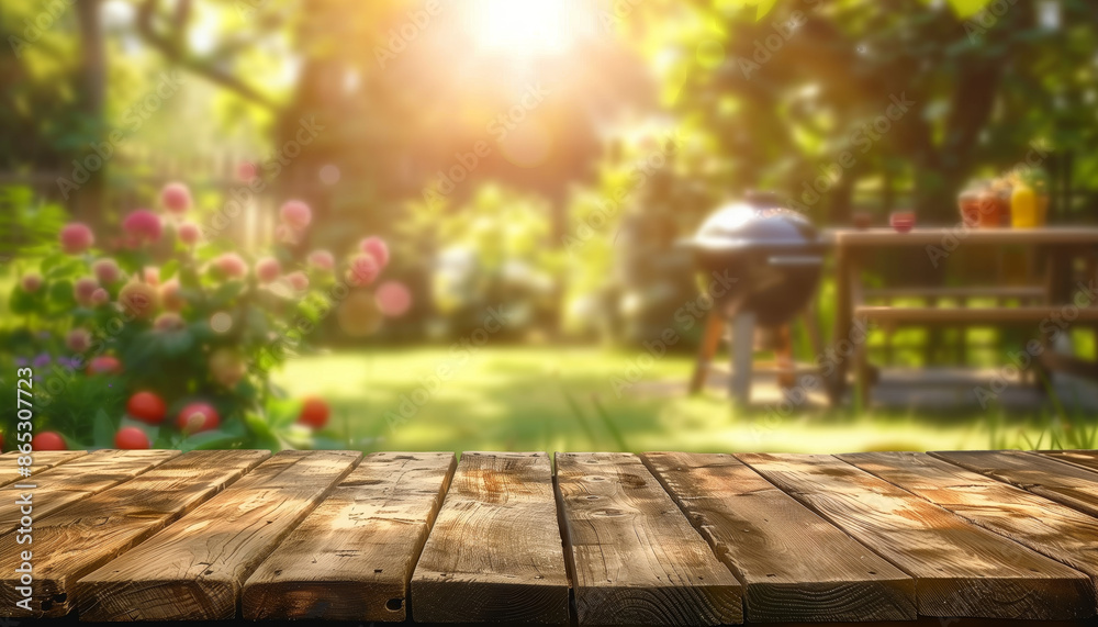 A close-up view of a wooden tabletop against a blurred background of a summer backyard. The background features lush greenery, vibrant pink flowers, a black grill, and a wooden table. A close-up view of a wooden tabletop against a blurred background of a summer backyard. The background features lush greenery, vibrant pink flowers, a black grill, and a wooden table.