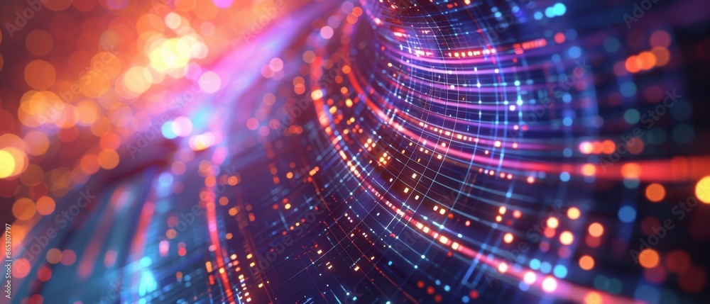 Dynamic tech backdrop with circular grids morphing into different shapes, illuminated by colorful light effects Dynamic tech backdrop with circular grids morphing into different shapes, illuminated by colorful light effects