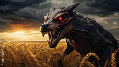 Angry Chupacabra lurking in a golden wheatfield under a cloudy, stormy sky
