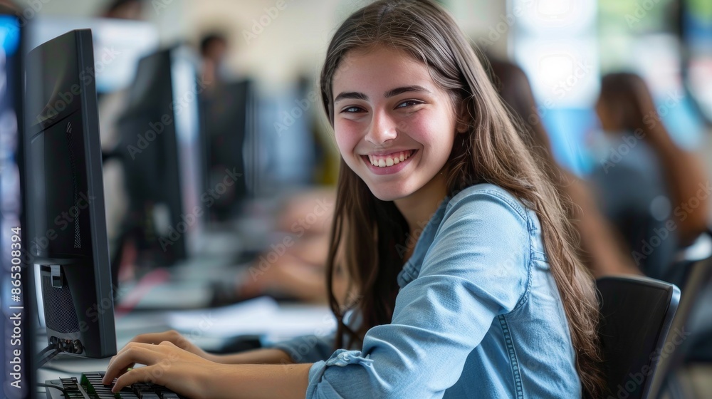 During computer class, a contented mid-adult female student is taking notes while glancing at the camera. During computer class, a contented mid-adult female student is taking notes while glancing at the camera.