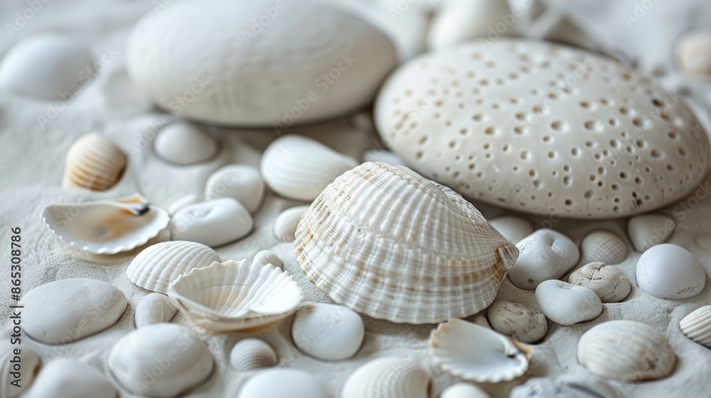 White stones and shell beads are displayed on a surface