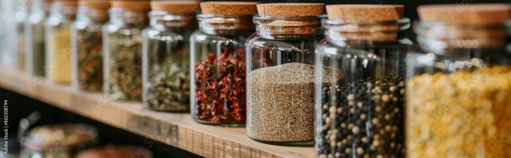 Jars of Spices and Herbs on wooden, shelf Jars of Spices and Herbs on wooden, shelf