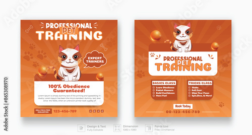 Pet training , veterinary clinic, pet grooming, pet clinic social media post with cute pets and animal . happy pet, cats. Vector cartoon illustration