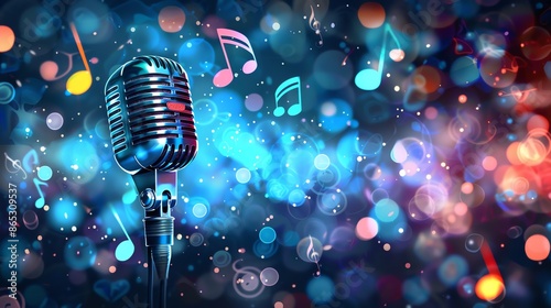 A vintage microphone stands on a stand against a background of glowing blue and pink lights and musical notes.
