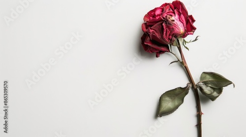 Concept of diminishing love and sexual issues depicted by a wilting rose on white background