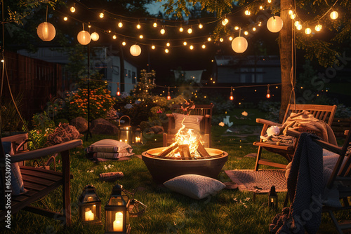 A night scene of a backyard with a fire pit, surrounded by chairs and blankets, illuminated by string lights and lanterns. photo