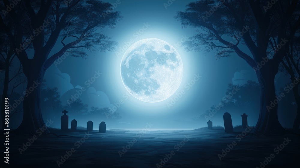 Fototapeta premium Mystical full moon night in a forest with tombstones, creating an eerie, haunted atmosphere illuminated by the bright moonlight. halloween festival
