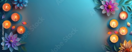 festive blue background with colorful candles and flowers. Ideal for celebrations, greeting cards, and artistic designs. Indian festival diwali day.