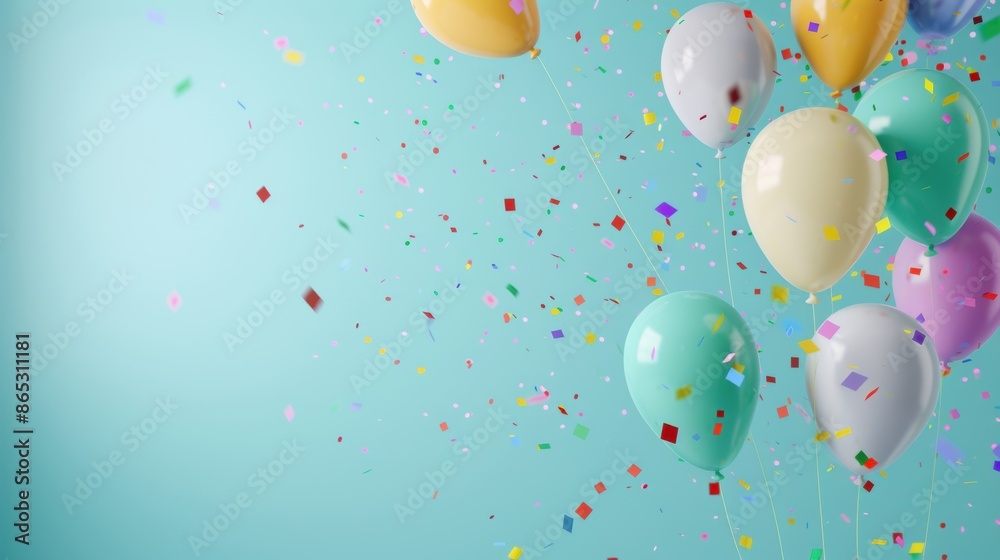 Colorful balloons and confetti on a light blue background, creating a festive and celebratory atmosphere. birthday decoration.