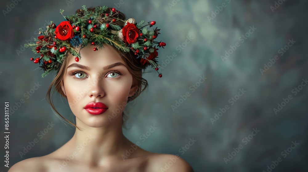 Portrait of a young woman with red lips, wearing a floral wreath on her head, against a moody background, evoking a dreamy and natural feel. Portrait of a young woman with red lips, wearing a floral wreath on her head, against a moody background, evoking a dreamy and natural feel.