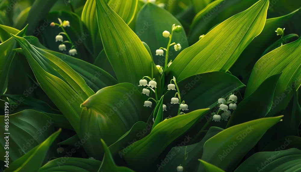 Obraz premium A beautiful close-up photograph of a lily of the valley flower in full bloom against a blurred background of green leaves.