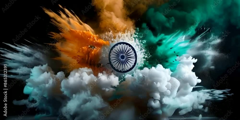 Tricolor smoke bomb emitting colors of the Indian flag against a stark black background symbolizing patriotism and celebration