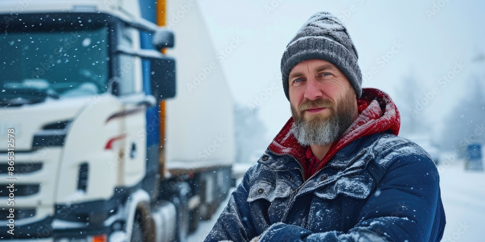 Winter Delivery: Joyful Driver with Truck in Snow Winter Delivery: Joyful Driver with Truck in Snow