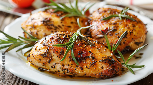 Plated dish Roasted chicken with rosemary sprigs