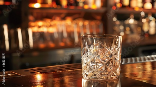 A close-up of an empty glass with ice on a bar counter with bottles in the background. Warm, illuminated cozy setting.