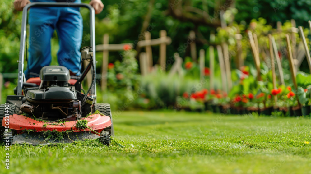 Gardener Mowing Grass with Lawn Mower in a Lush Garden Gardener Mowing Grass with Lawn Mower in a Lush Garden