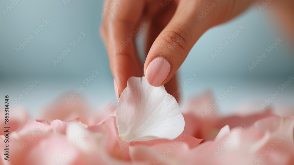 Closeup of a womans hand gently touching a flower petal, expressing a sense of delicate connection and tenderness