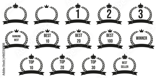Set of simple black laurel Wreath isolated white. Collection of Award Ranking symbols. Minimalism vector aesthetic badge can used web social media and typography design.