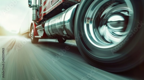 Semi Trucks tire in fast motion. Truck wheels on road photo