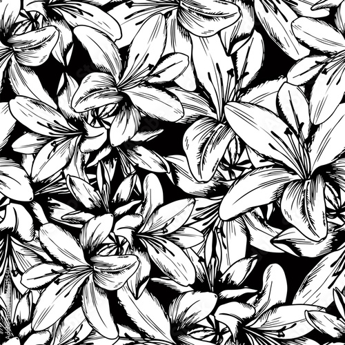 monochrome vector drawing with clear contours of flowers. hand drawn lilies endless pattern