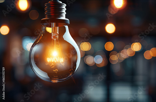 A light bulb with a graduation hat floating on a blurry industrial background, copy space concept for education and training, creativity, technology or science illustration. Generative AI.