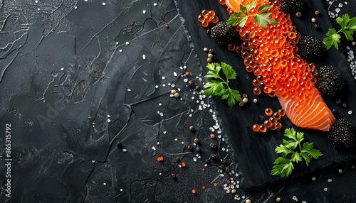 Red salmon caviar and black sturgeon caviar on a black stone board top view with space for restaurant menu template photo