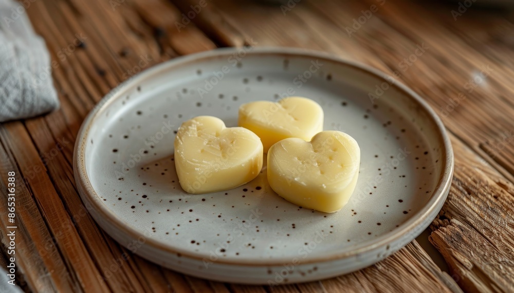 Romantic heart shaped butter pats on a white plate in a close up low angle view for food styling Romantic heart shaped butter pats on a white plate in a close up low angle view for food styling