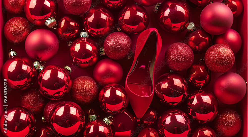 Red high heels among red Christmas balls Red high heels among red Christmas balls
