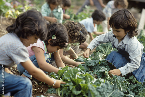 Children picking vegetables in a garden, learning about healthy food at an early age